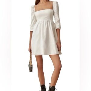 Reformation Gibson Stretch Cotton 3/4 Sleeve Square Neck Empire Waist Mini Dress